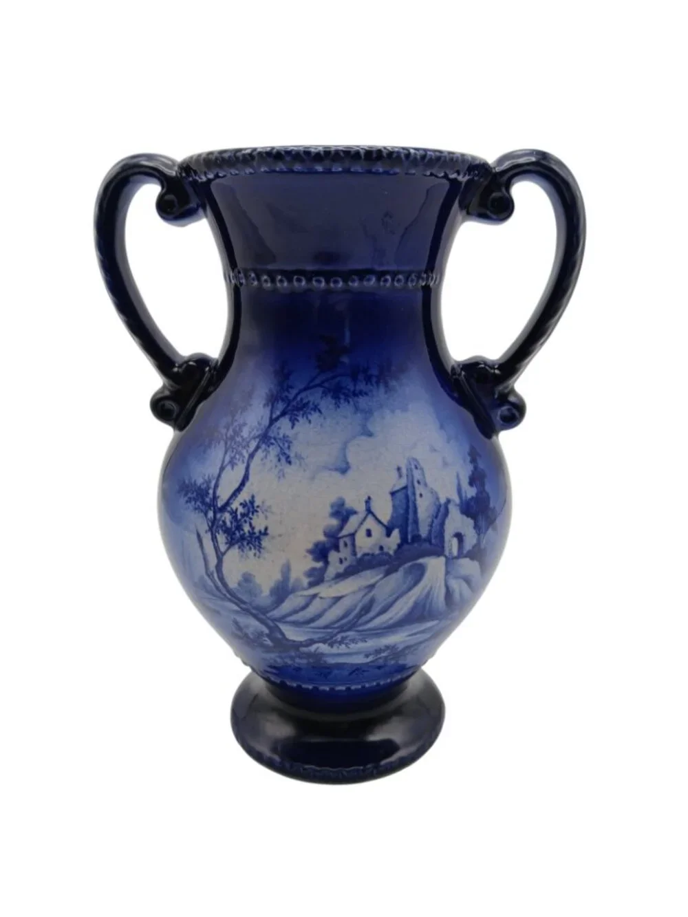 Oldcourt Ware Staffordshire Blue Transferware Vase Double Handle Hand Painted 7.